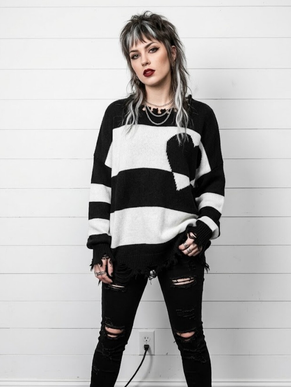 Etudes Studio Black And White Distressed Heart Wool Sweater Size M